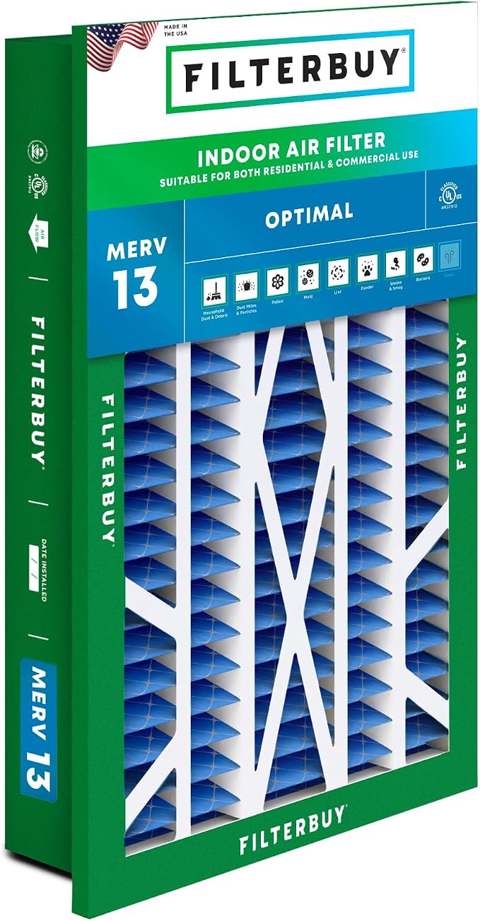 16x25x5 Air Filter MERV 13 Optimal Smoke & Allergy Defense (1-Pack), Electrostatic Pleated HVAC AC Furnace