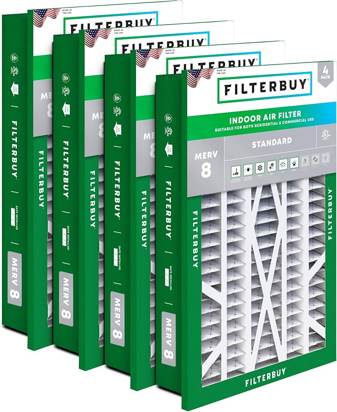 16x25x5 Air Filter MERV 8 Essential Dust & Allergy Defense (4-Pack), Electrostatic Pleated HVAC AC Furnace Filters for