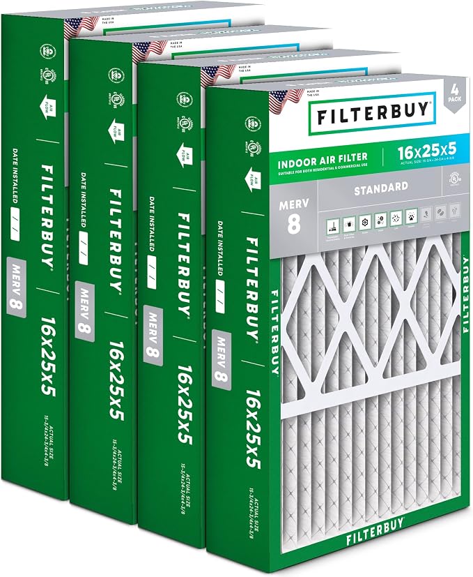 16x25x5 Air Filter MERV 8 Essential Dust & Allergy Defense (4-Pack), Pleated HVAC AC Furnace Filters for