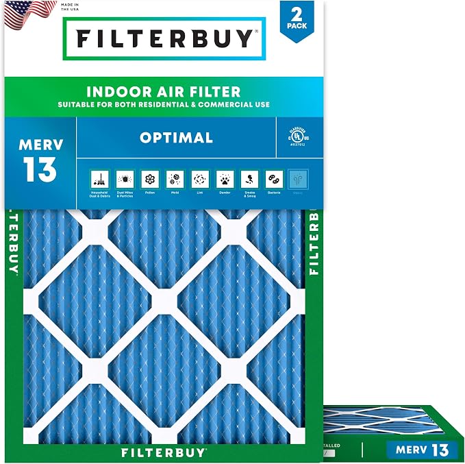 17.5x23.5x1 Air Filter MERV 13 Optimal Smoke & Allergy Defense (2-Pack), Electrostatic Pleated HVAC AC Furnace Filters