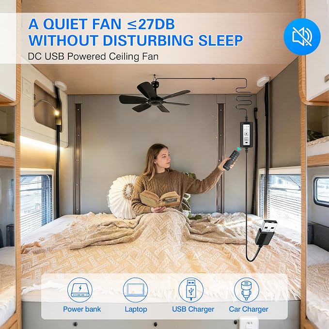17.7" Inch Portable Ceiling Fan with Remote Control Timing 3 Speed,USB Plug In,5V DC Powered,6 Blades,Indoor/Outdoor RV