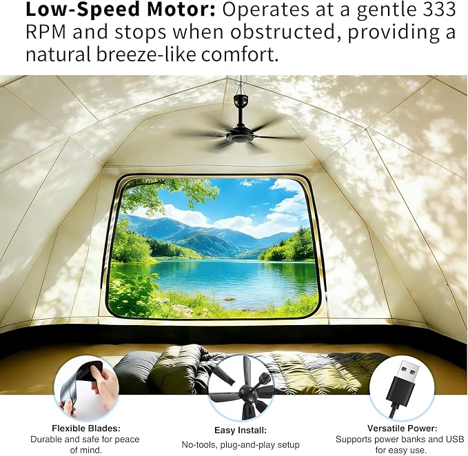 17.7" Inch Portable Ceiling Fan with Remote Control Timing 3 Speed,USB Plug In,5V DC Powered,6 Blades,Indoor/Outdoor RV