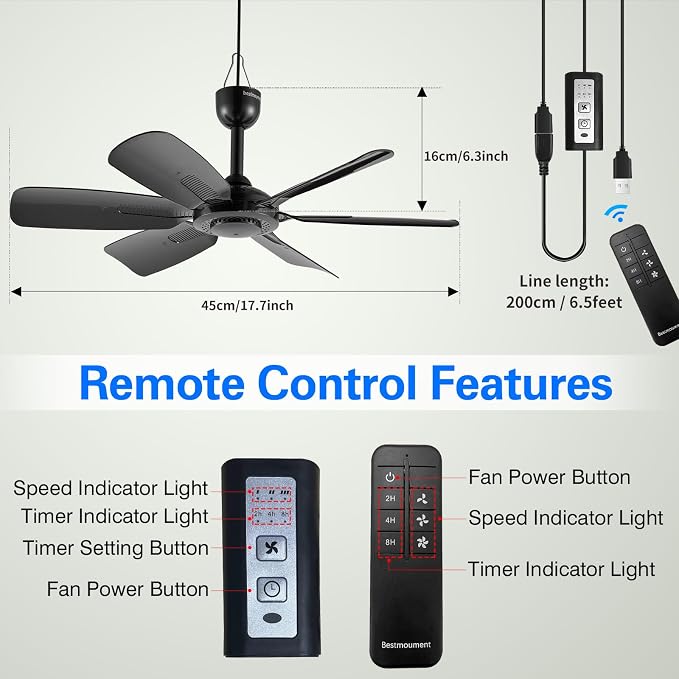 17.7" Inch Portable Ceiling Fan with Remote Control Timing 3 Speed,USB Plug In,5V DC Powered,6 Blades,Indoor/Outdoor RV