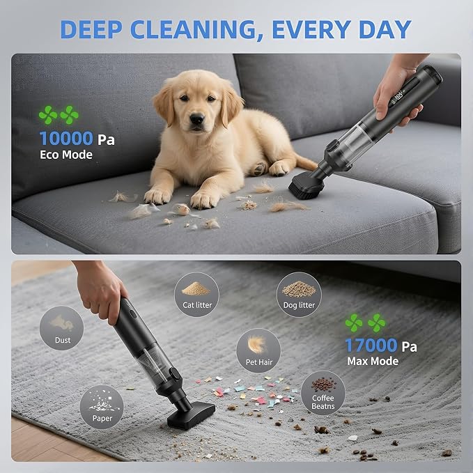 17000Pa Cordless Handheld Vacuum Cleaner, AI Brushless Motor with HD Display, One-Touch Dust Emptying, Lightweight for Home &