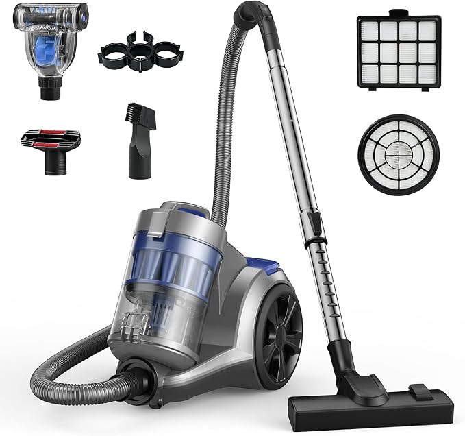 1700W Canister Vacuum Cleaner, 45Kpa Bagless Vacuum Cleaner, Multi-Cyclonic Filtration, 2 Anti-Allergen HEPA Filters, 3.5QT