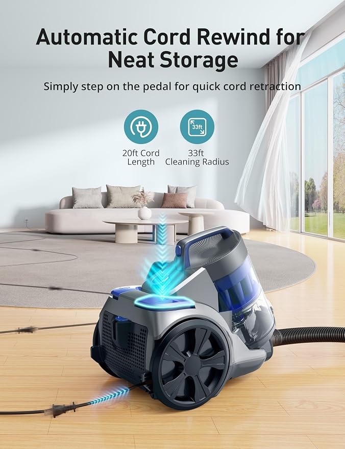 1700W Canister Vacuum Cleaner, 45Kpa Bagless Vacuum Cleaner, Multi-Cyclonic Filtration, 2 Anti-Allergen HEPA Filters, 3.5QT