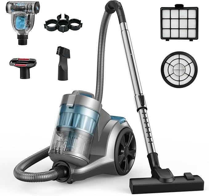 1700W Canister Vacuum Cleaner, 45Kpa Bagless Vacuum Cleaner, Multi-Cyclonic Filtration, 2 Anti-Allergen HEPA