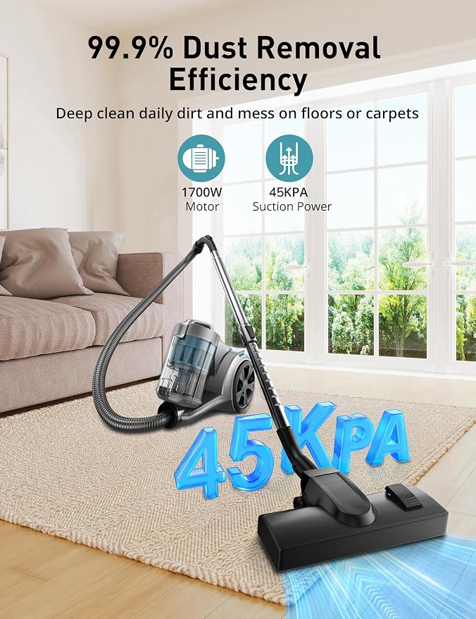 1700W Canister Vacuum Cleaner, 45Kpa Bagless Vacuum Cleaner, Multi-Cyclonic Filtration, 2 Anti-Allergen HEPA, alternate view
