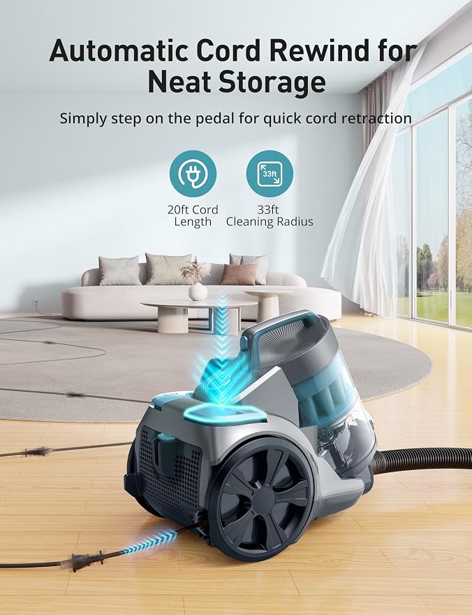 1700W Canister Vacuum Cleaner, 45Kpa Bagless Vacuum Cleaner, Multi-Cyclonic Filtration, 2 Anti-Allergen HEPA, alternate view