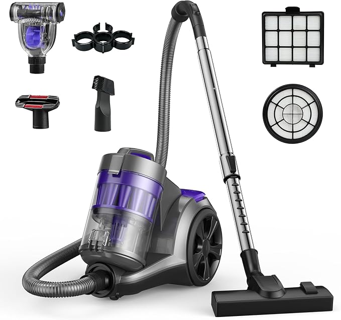 1700W Canister Vacuum Cleaner, 45Kpa Bagless Vacuum Cleaner, Multi-Cyclonic Filtration, 2 Anti-Allergen HEPA