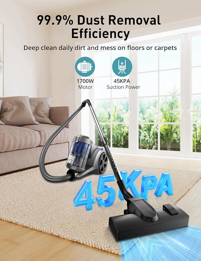 1700W Canister Vacuum Cleaner, 45Kpa Bagless Vacuum Cleaner, Multi-Cyclonic Filtration, 2 Anti-Allergen HEPA, alternate view