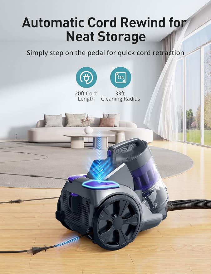 1700W Canister Vacuum Cleaner, 45Kpa Bagless Vacuum Cleaner, Multi-Cyclonic Filtration, 2 Anti-Allergen HEPA, alternate view