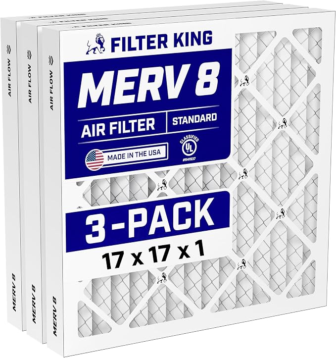 17x17x1 Air Filter (MERV 8) (3-Pack) Dust & Allergy Control AC Furnace Filters, MADE IN USA, HVAC, Pleated