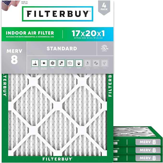 17x20x1 Air Filter MERV 8 Essential Dust & Allergy Defense (4-Pack), Electrostatic Pleated HVAC AC Furnace Filters