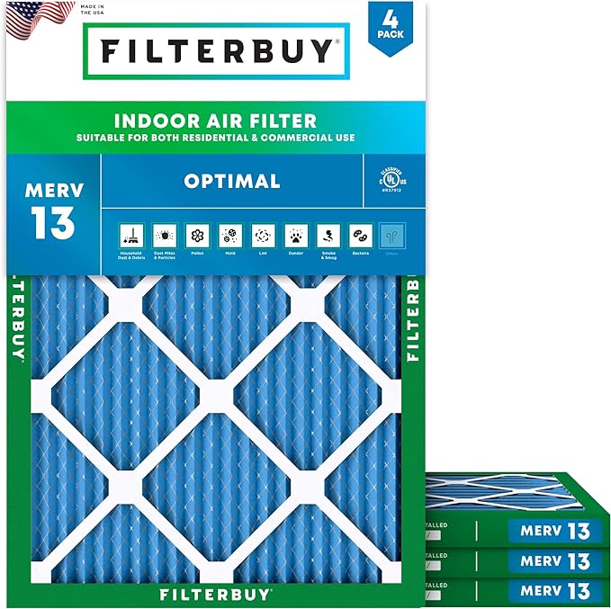 17x21x1 Air Filter MERV 13 Optimal Smoke & Allergy Defense (4-Pack), Electrostatic Pleated HVAC AC Furnace