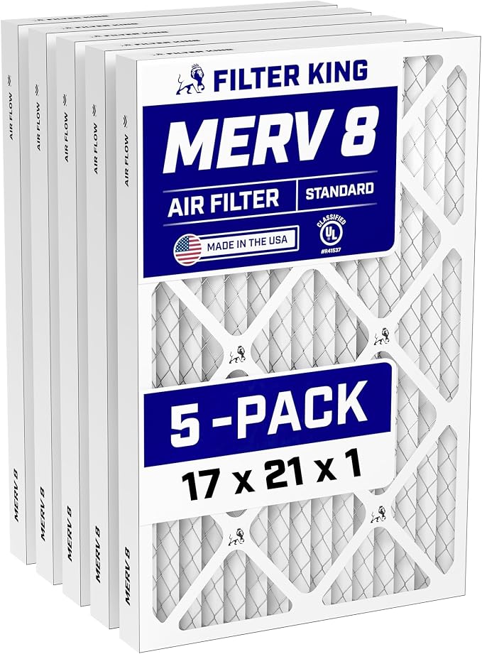 17x21x1 Air Filter (MERV 8) (5-Pack) Dust & Allergy Control AC Furnace Filters, MADE IN USA, HVAC, Pleated