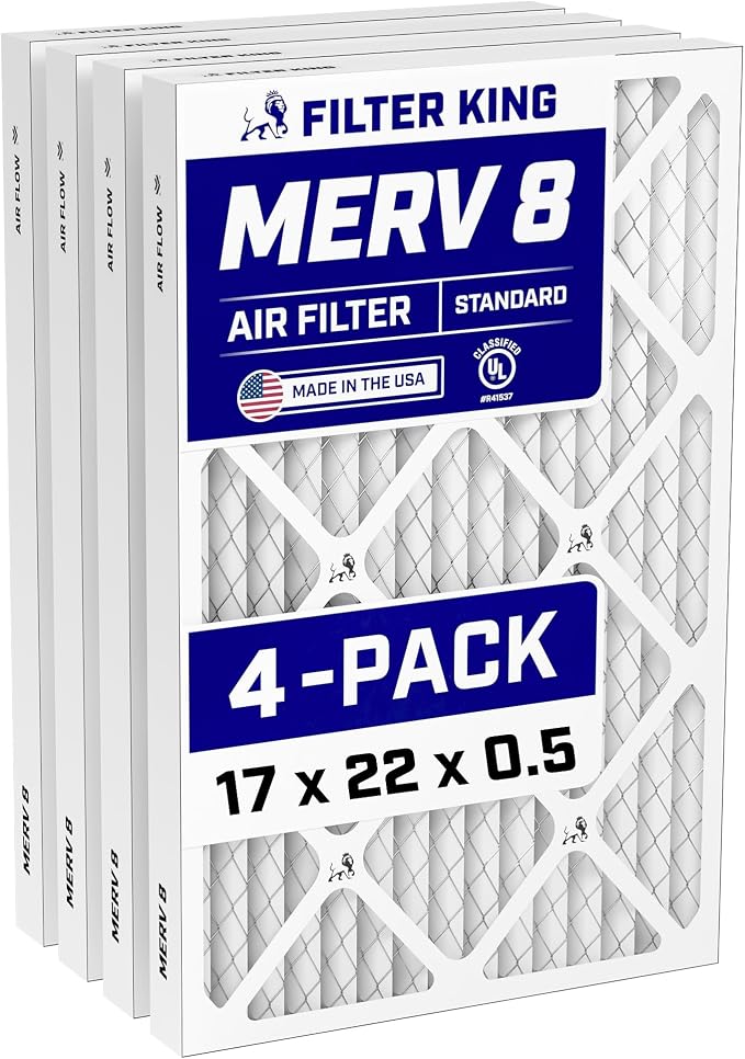 17x22x0.5 Air Filter (MERV 8) (4-Pack) Dust & Allergy Control AC Furnace Filters, MADE IN USA, HVAC, Pleated, Electrostatic