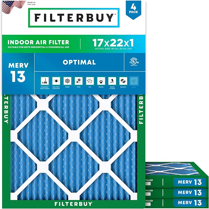 17x22x1 Air Filter MERV 13 Optimal Smoke & Allergy Defense (4-Pack), Electrostatic Pleated HVAC AC Furnace