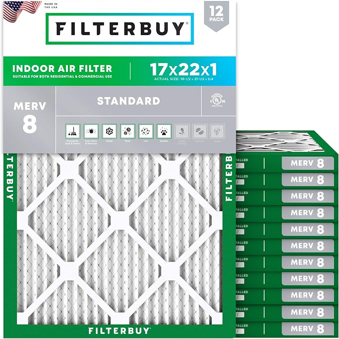 17x22x1 Air Filter MERV 8 Essential Dust & Allergy Defense (12-Pack), Electrostatic Pleated HVAC AC Furnace