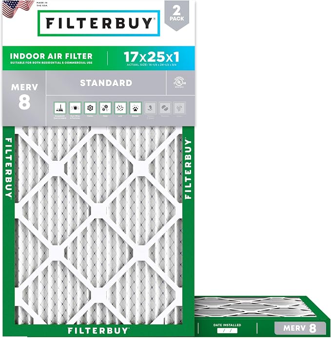 17x25x1 Air Filter MERV 8 Essential Dust & Allergy Defense (2-Pack), Electrostatic Pleated HVAC AC Furnace Filters