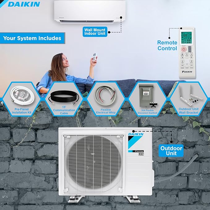 18,000 Btu 18 SEER2 Ductless Mini-Split Wall Mount Heat Pump Air Conditioner - R32 w/ 15' Installation Kit, 1/2 Whip, 30A