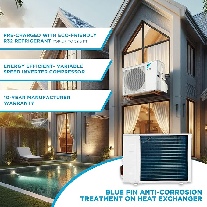 18,000 Btu 18 SEER2 Ductless Mini-Split Wall Mount Heat Pump Air Conditioner - R32 w/ 15' Installation Kit, 1/2 Whip, 30A