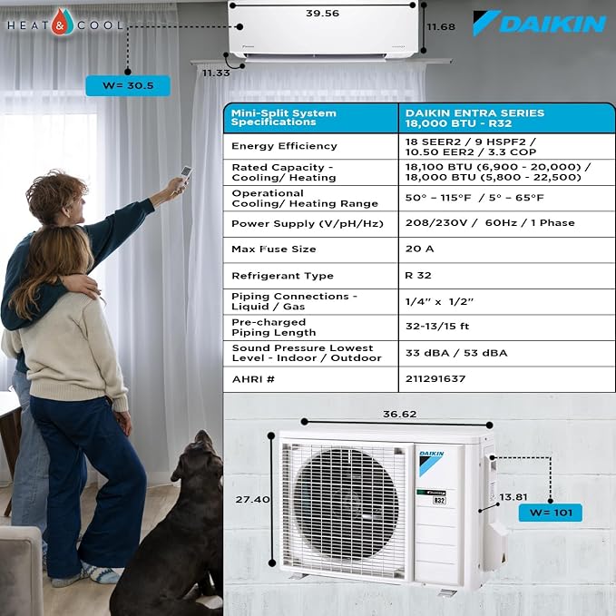 18,000 Btu 18 SEER2 Ductless Mini-Split Wall Mount Heat Pump Air Conditioner - R32 w/ 15' Installation Kit, 1/2 Whip, 30A