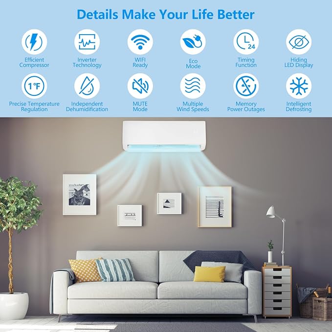 18,000 BTU Ductless Mini Split AC/Heating System, 20 SEER Inverter Split-System Wall Air Conditioner with Heat Pump