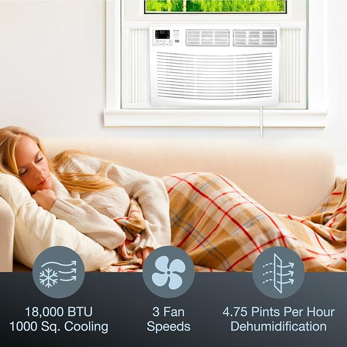18,000 BTU Window Air Conditioner, 230V, Window AC for Rooms up to 1,000 Sq.Ft with Remote Control, 24H Timer, 3-Speeds