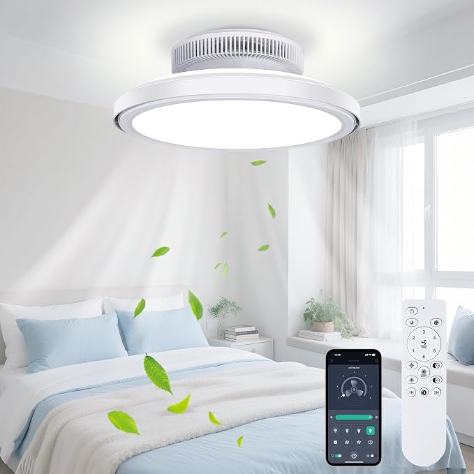 18" Bladeless Ceiling Fan, Low Profile Ceilings Fans with Light for Bedroom, Smart Ceiling Light Fixture with Remote/APP