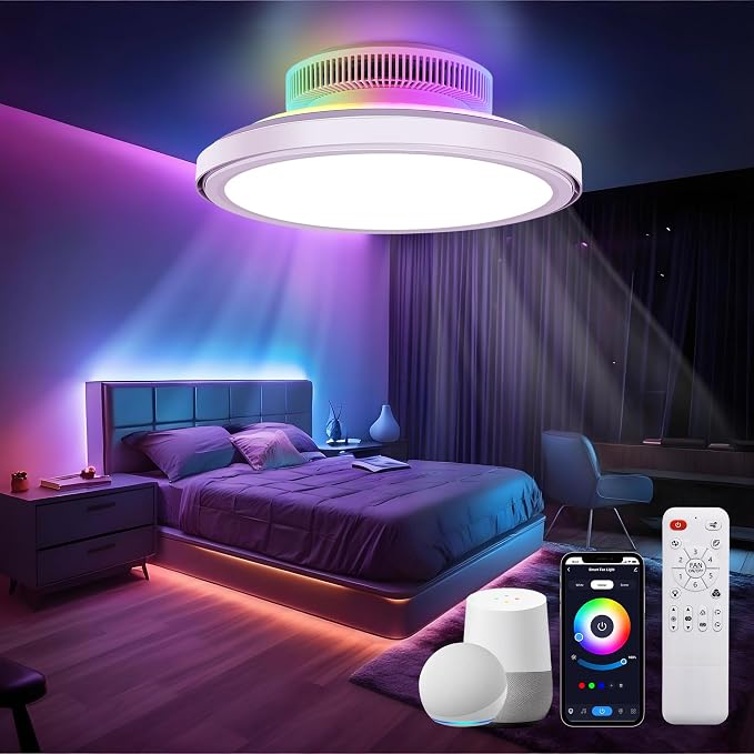 18" Bladeless Ceiling Fans, Low Profile Ceiling Fan with Light, Smart RGB Ceiling Light Fixture Support Alexa with
