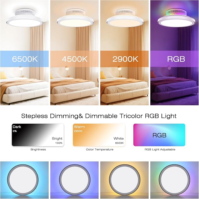 18" Bladeless Ceiling Fans, Low Profile Ceiling Fan with Light, Smart RGB Ceiling Light Fixture Support Alexa with