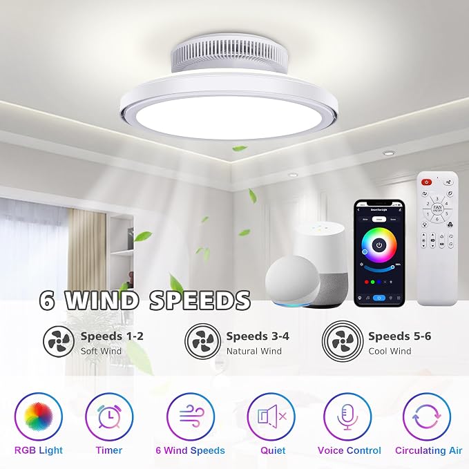18" Bladeless Ceiling Fans, Low Profile Ceiling Fan with Light, Smart RGB Ceiling Light Fixture Support Alexa with
