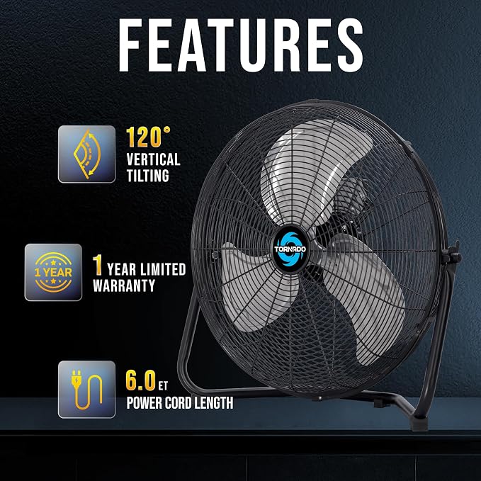 18" High Velocity Floor Fan Industrial Metal 3-Speed Heavy Duty Cooling Fan for Workshop, Garage, Home, Office, 120° Tilt