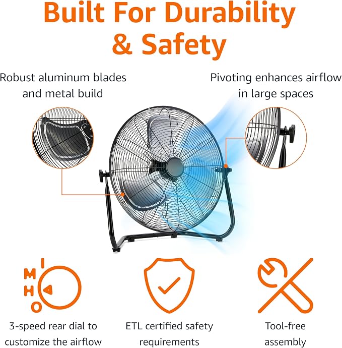 18" High Velocity Industrial Floor Fan with 3 Speeds, Powerful Airflow, Air Circulator, Tilt Head, ETL-Listed Safety