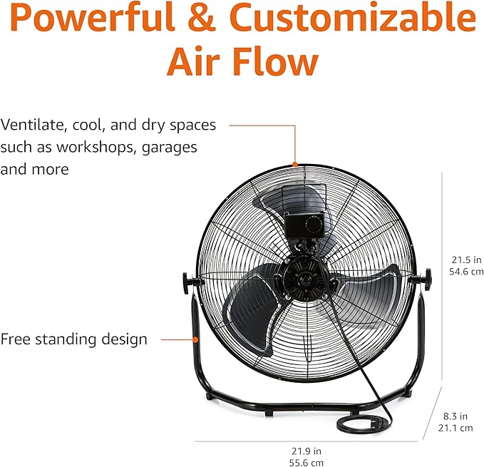 18" High Velocity Industrial Floor Fan with 3 Speeds, Powerful Airflow, Air Circulator, Tilt Head, ETL-Listed Safety