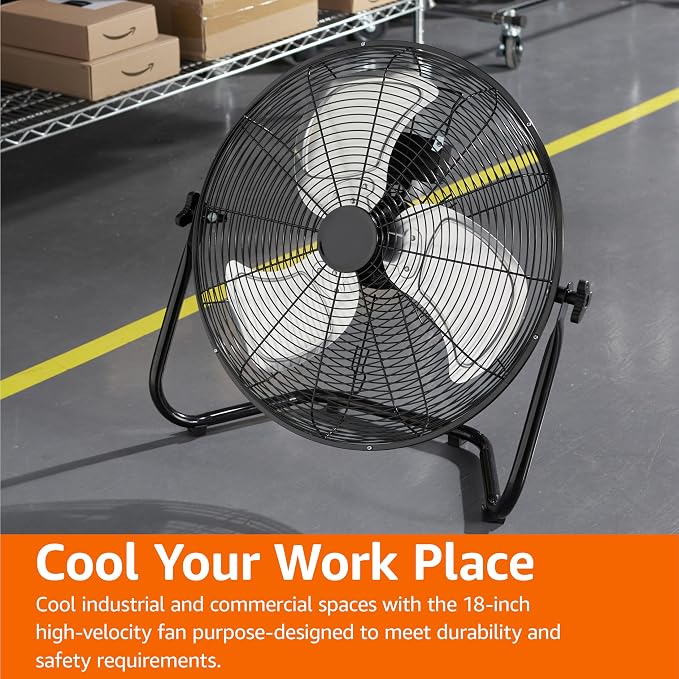 18" High Velocity Industrial Floor Fan with 3 Speeds, Powerful Airflow, Air Circulator, Tilt Head, ETL-Listed Safety