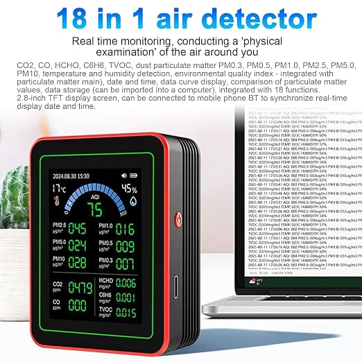 18 in 1 Air Quality Monitor Smart Air Quality Tester Temperature and Humidity Meter with Color Screen for Home Office, Detect