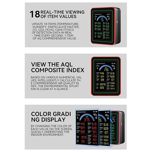 18 in 1 Air Quality Monitor Smart Air Quality Tester Temperature and Humidity Meter with Color Screen for Home Office, Detect