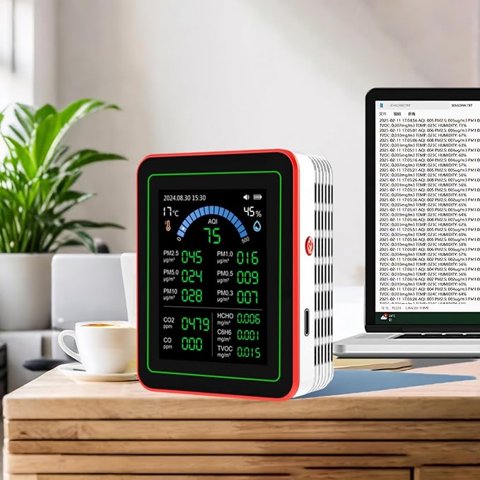 18-in-1 Smart Air Quality Monitor Indoor, CO2/CO/HCHO/TVOC/C6H6/PM0.3-10 Detection, Real-Time Data Logging & Bluetooth Sync