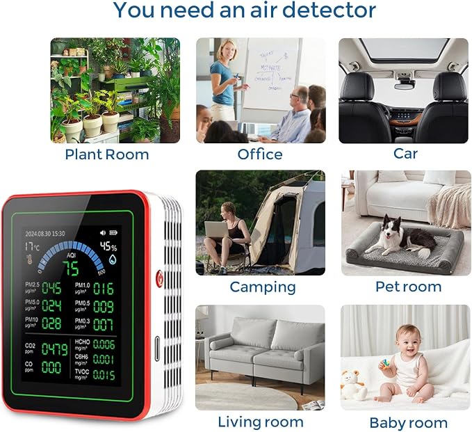 18-in-1 Smart Air Quality Monitor Indoor, CO2/CO/HCHO/TVOC/C6H6/PM0.3-10 Detection, Real-Time Data Logging & Bluetooth Sync
