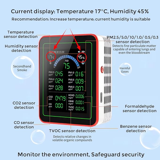 18-in-1 Smart Air Quality Monitor Indoor, CO2/CO/HCHO/TVOC/C6H6/PM0.3-10 Detection, Real-Time Data Logging & Bluetooth Sync