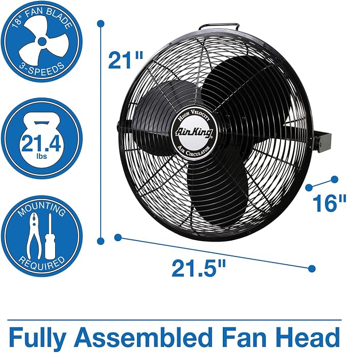 18-Inch 1/6 HP Industrial Grade High Velocity Multi Mount Fan with 3-Speeds, Pivoting Fan Head, Durable Powder-Coated Steel