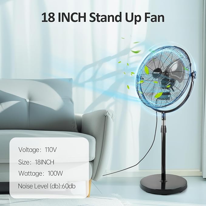 18 Inch Heavy Duty High Velocity Pedestal Fan,Industrial Standing Fan with Adjustable Height and Tilt,3-Speed,Metal for