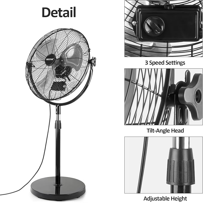 18 Inch Heavy Duty High Velocity Pedestal Fan,Industrial Standing Fan with Adjustable Height and Tilt,3-Speed,Metal for