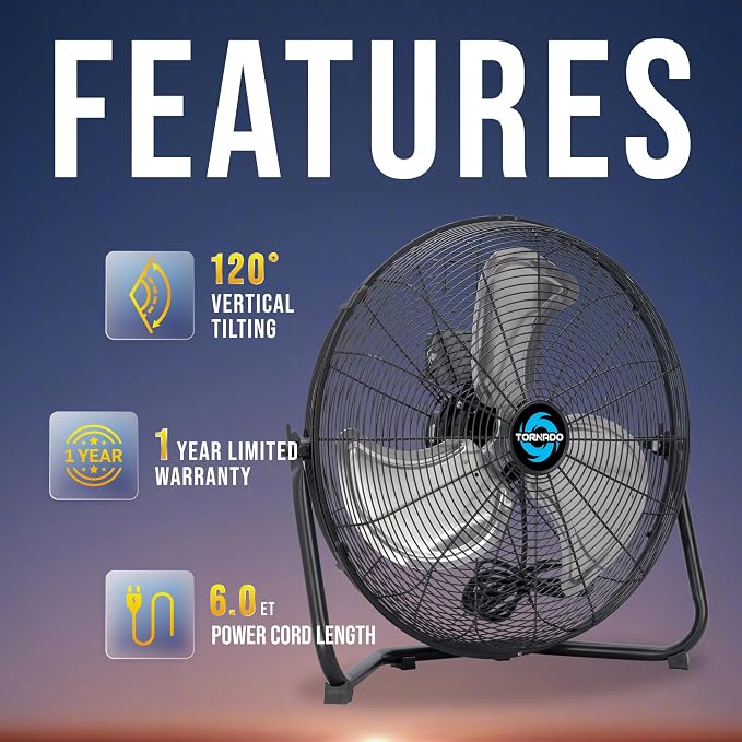 18 Inch High Velocity Floor Fan, Heavy Duty Metal Industrial Fans, 3 Powerful Speed, 120° Adjustable Tilting 6.0 FT Cord - 2