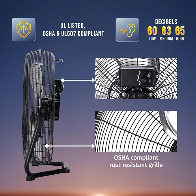 18 Inch High Velocity Floor Fan, Heavy Duty Metal Industrial Fans, 3 Powerful Speed, 120° Adjustable Tilting 6.0 FT Cord - 2