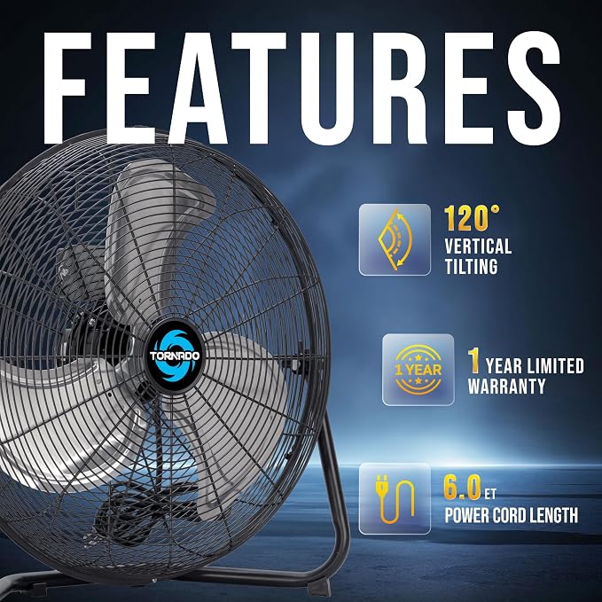 18 Inch High Velocity Metal Floor Fan, 3-Speed Powerful Cooling for Industrial, Commercial, and Home Spaces, 120°Tilt, 6.0 FT