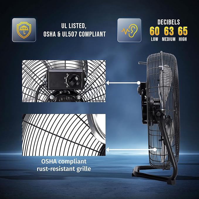 18 Inch High Velocity Metal Floor Fan, 3-Speed Powerful Cooling for Industrial, Commercial, and Home Spaces, 120°Tilt, 6.0 FT