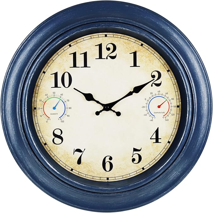 18 Inch Large Outdoor Clock with Thermometer & Hygrometer – Blue Vintage Farmhouse Decor Wall Clock Waterproof for Patio